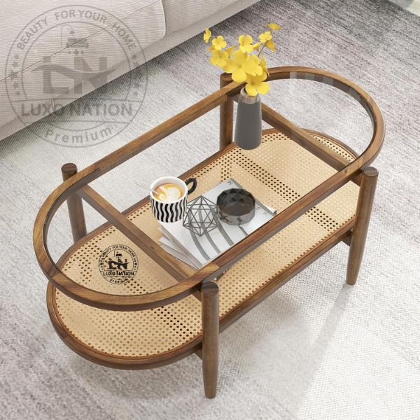Antique Rattan Center Table – Glass Top & Teak Wood By Luxo Nation