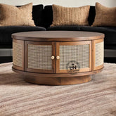 Premium Teak Cane Coffee Table with Round Shape & Storage By Luxo Nation
