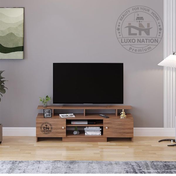 Floor-Mount TV Console with Shelves –Stylish Teak Finish By LuxoNation
