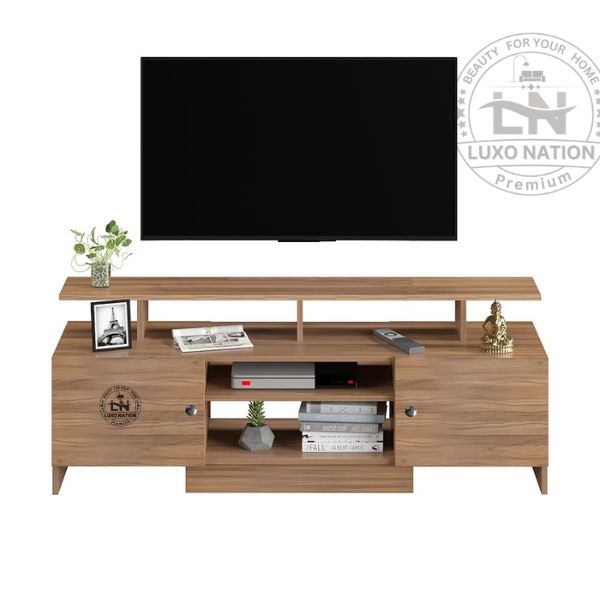 Floor-Mount TV Console with Shelves –Stylish Teak Finish By LuxoNation