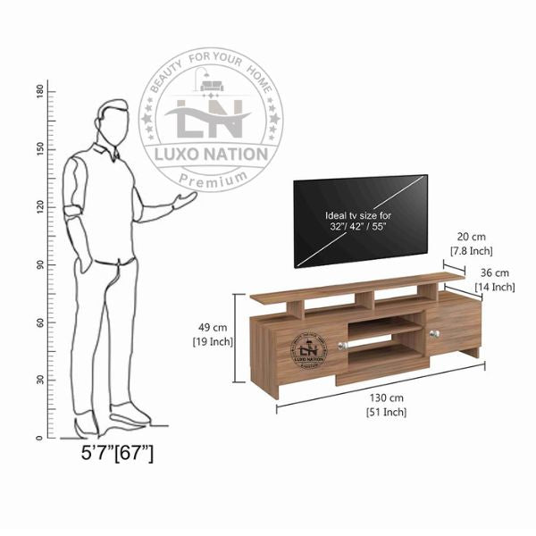 Floor-Mount TV Console with Shelves –Stylish Teak Finish By LuxoNation