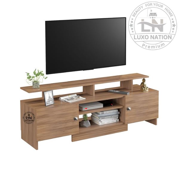 Floor-Mount TV Console with Shelves –Stylish Teak Finish By LuxoNation