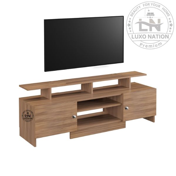 Floor-Mount TV Console with Shelves –Stylish Teak Finish By LuxoNation