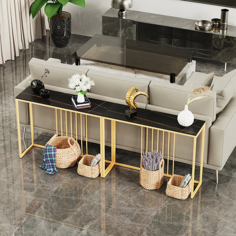 Expansive Sintered Stone Entryway Console Table with Metal Frame
