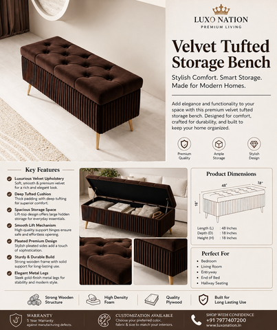 2 Seater Couch Bench with Storage | Velvet Upholstered Ottoman