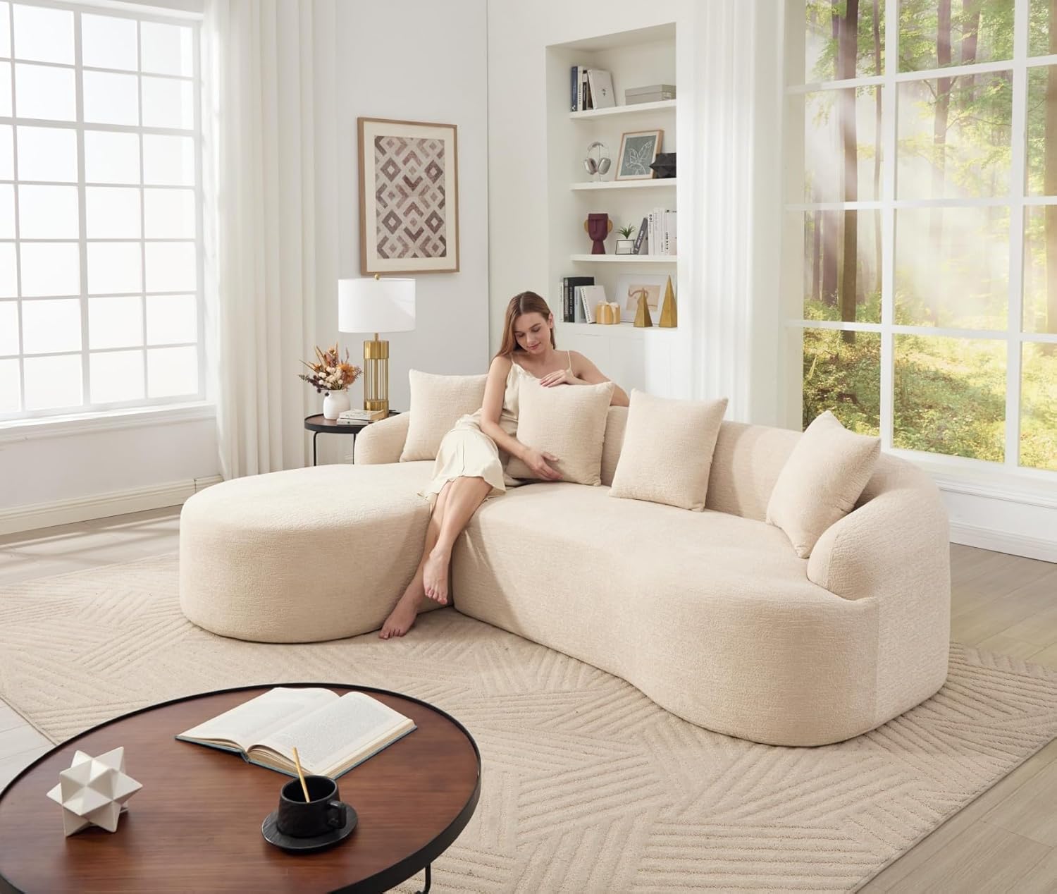LUXO NATION L Shape Chenille Sectional Sofa with Chaise Lounge | Modular Cloud Sofa with 4 Cushions | Oversized Plush Fabric Couch for Living Room, Apartment & Home (Beige)