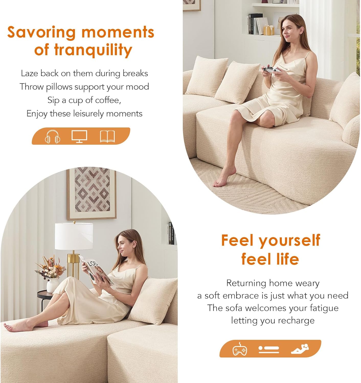 LUXO NATION L Shape Chenille Sectional Sofa with Chaise Lounge | Modular Cloud Sofa with 4 Cushions | Oversized Plush Fabric Couch for Living Room, Apartment & Home (Beige)