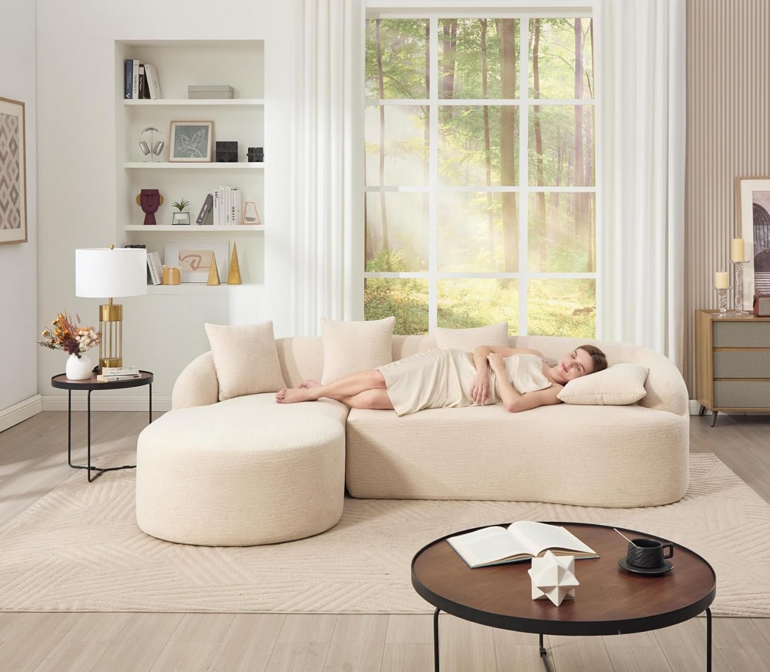 LUXO NATION L Shape Chenille Sectional Sofa with Chaise Lounge | Modular Cloud Sofa with 4 Cushions | Oversized Plush Fabric Couch for Living Room, Apartment & Home (Beige)