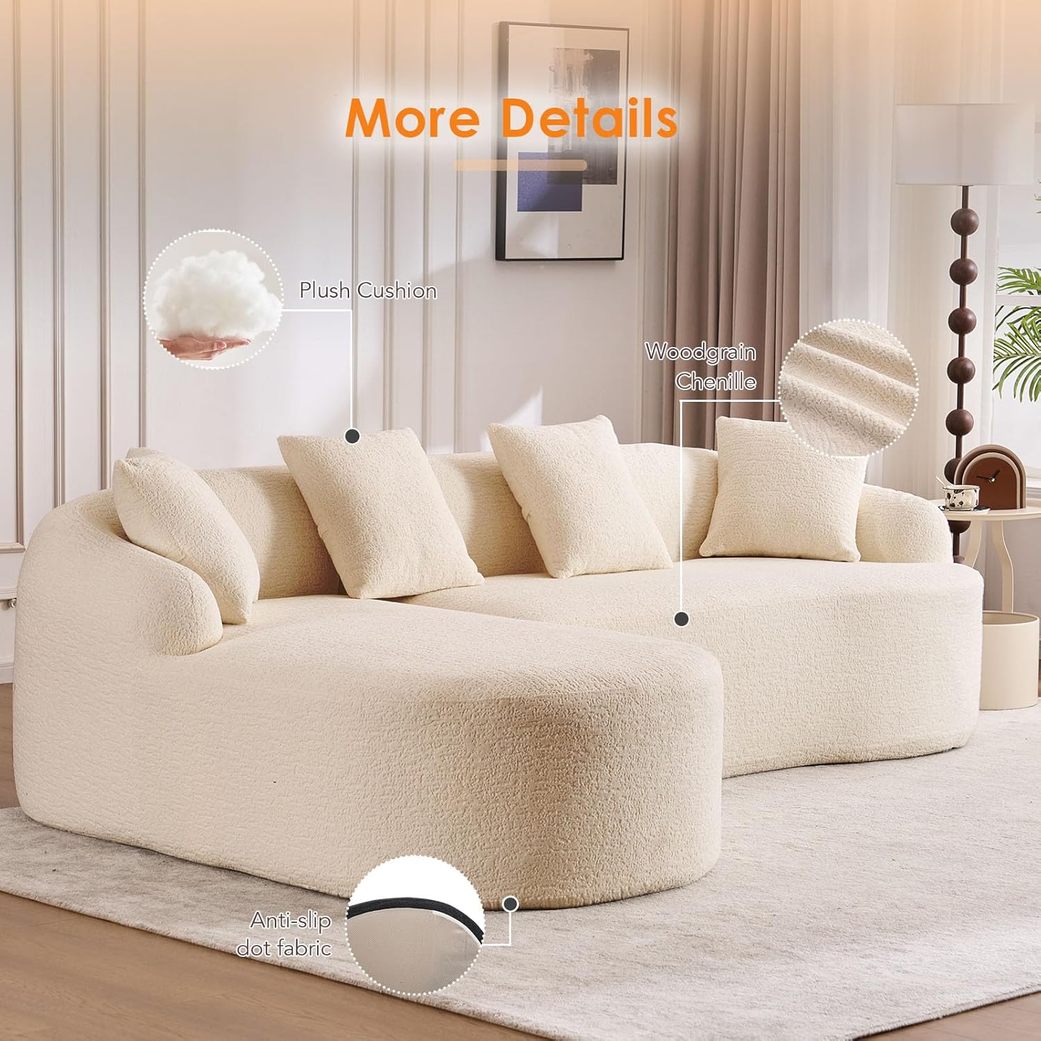 LUXO NATION L Shape Chenille Sectional Sofa with Chaise Lounge | Modular Cloud Sofa with 4 Cushions | Oversized Plush Fabric Couch for Living Room, Apartment & Home (Beige)