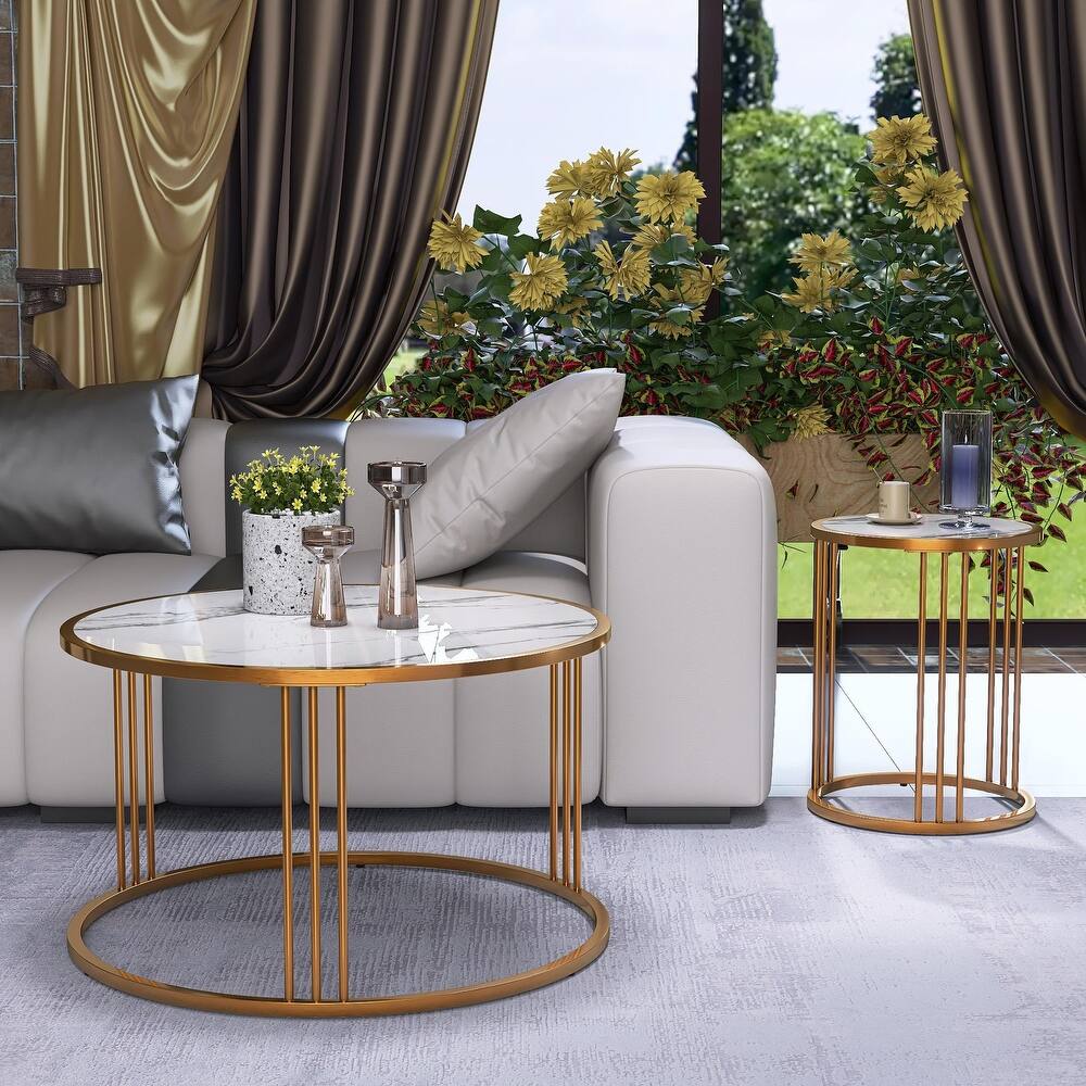 Luxo Nation Duo: Coffee Table Set of 2, Round Slate Coffee Tables with Steel Frames, Ideal for Living Rooms