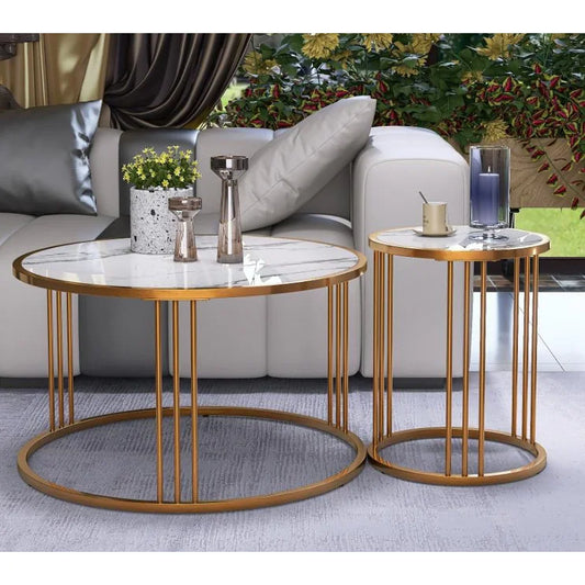 Luxo Nation Duo: Coffee Table Set of 2, Round Slate Coffee Tables with Steel Frames, Ideal for Living Rooms