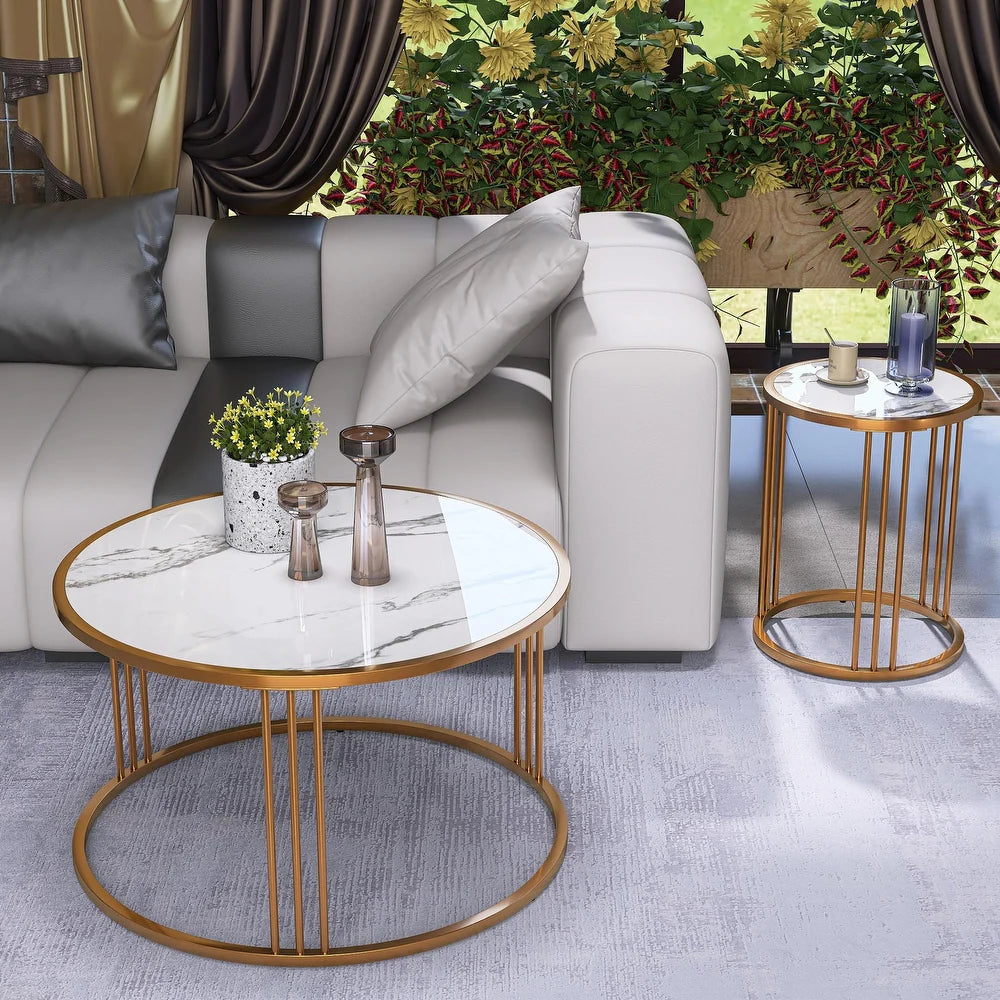 Luxo Nation Duo: Coffee Table Set of 2, Round Slate Coffee Tables with Steel Frames, Ideal for Living Rooms