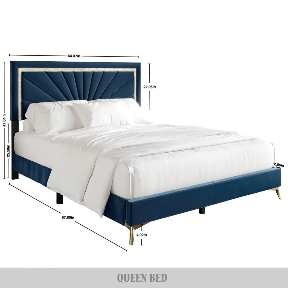 Luxo Nation CraftPorch Luxurious Diamond Strip Velvet Upholstered Bed in Navy Blue - Queen