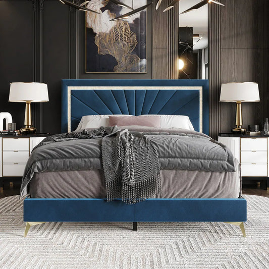 Luxo Nation CraftPorch Luxurious Diamond Strip Velvet Upholstered Bed in Navy Blue - Queen