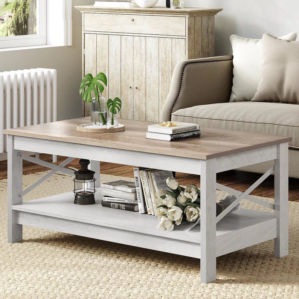 Luxo Nation Farmhouse Charm: 2-Tier Coffee Table with Storage, Perfect for Your Living Room