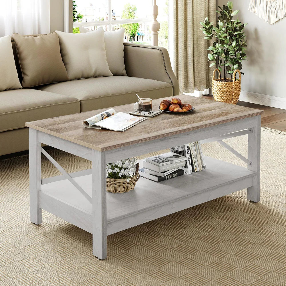 Luxo Nation Farmhouse Charm: 2-Tier Coffee Table with Storage, Perfect for Your Living Room