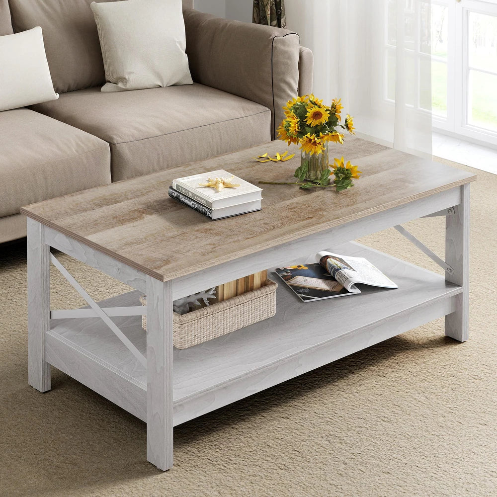 Luxo Nation Farmhouse Charm: 2-Tier Coffee Table with Storage, Perfect for Your Living Room