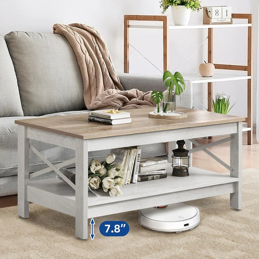 Luxo Nation Farmhouse Charm: 2-Tier Coffee Table with Storage, Perfect for Your Living Room