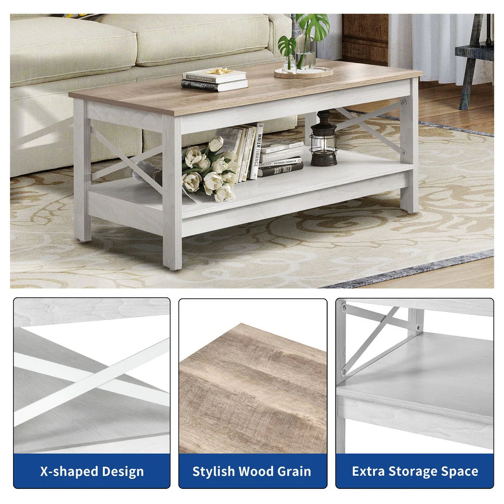 Luxo Nation Farmhouse Charm: 2-Tier Coffee Table with Storage, Perfect for Your Living Room