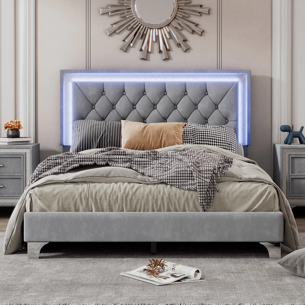 Full Size Upholstered Bed Frame with Luxo Nation  Modern Velvet Platform Bed with Tufted Headboard