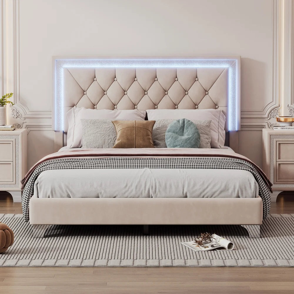 Full Size Upholstered Bed Frame with Luxo Nation  Modern Velvet Platform Bed with Tufted Headboard
