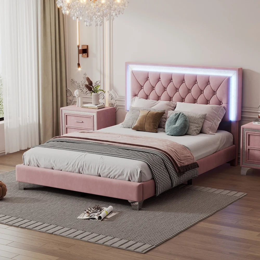 Full Size Upholstered Bed Frame with Luxo Nation  Modern Velvet Platform Bed with Tufted Headboard