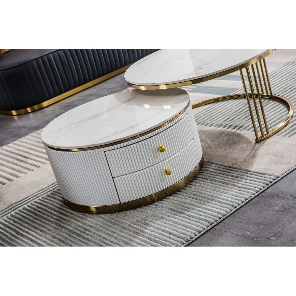 Luxo Nation Contemporary Set of 2 Nesting Coffee Tables: Round End Tables Featuring Sintered Stone Tops and Gold Metal Bases, Perfect for the Living Room