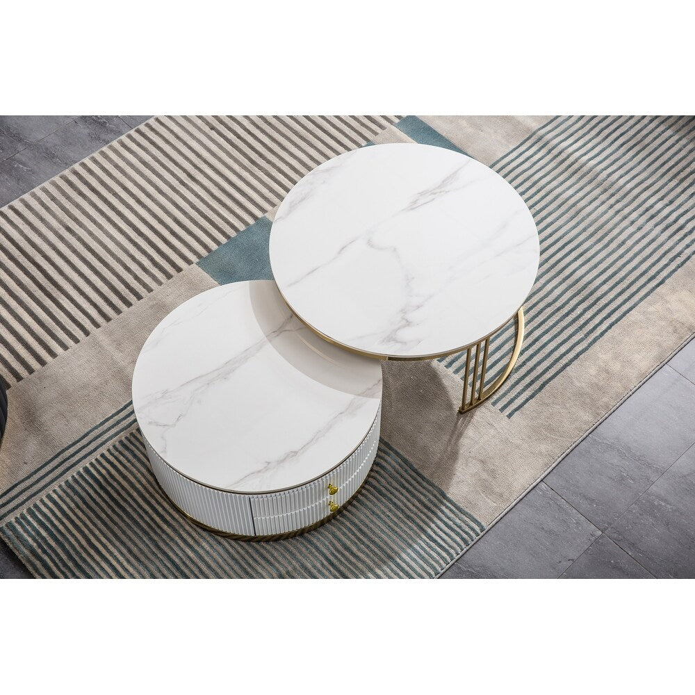 Luxo Nation Contemporary Set of 2 Nesting Coffee Tables: Round End Tables Featuring Sintered Stone Tops and Gold Metal Bases, Perfect for the Living Room