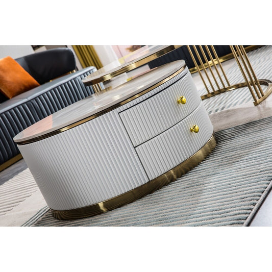 Luxo Nation Contemporary Set of 2 Nesting Coffee Tables: Round End Tables Featuring Sintered Stone Tops and Gold Metal Bases, Perfect for the Living Room