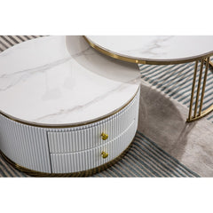 Luxo Nation Contemporary Set of 2 Nesting Coffee Tables: Round End Tables Featuring Sintered Stone Tops and Gold Metal Bases, Perfect for the Living Room