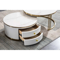 Luxo Nation Contemporary Set of 2 Nesting Coffee Tables: Round End Tables Featuring Sintered Stone Tops and Gold Metal Bases, Perfect for the Living Room