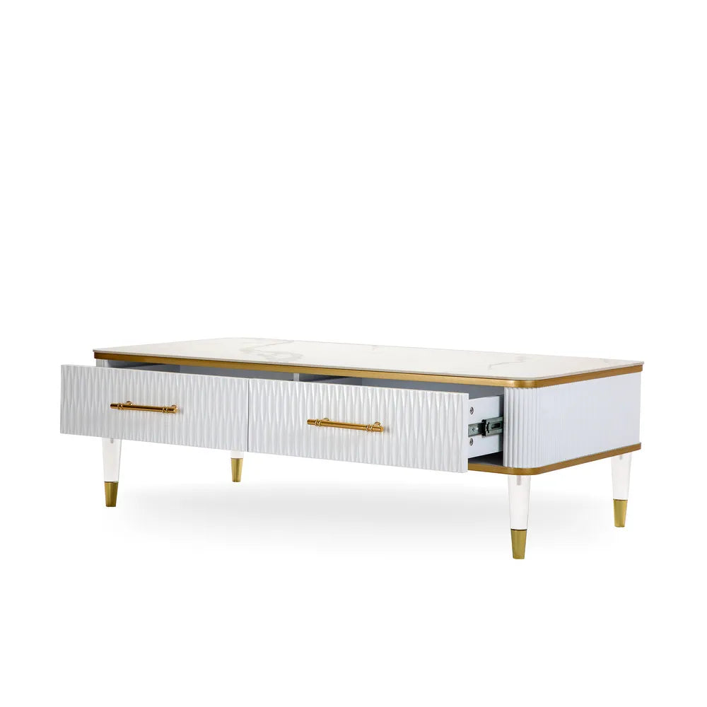 Luxo Nation Elegance: Contemporary Sintered Matte Stone Top Coffee Table with Drawer