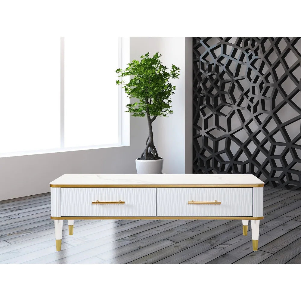 Luxo Nation Elegance: Contemporary Sintered Matte Stone Top Coffee Table with Drawer