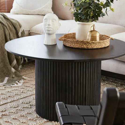 Luxo Nation Elegance: Round Coffee Table with Solid Wood Circle Pedestal, Finished in Black