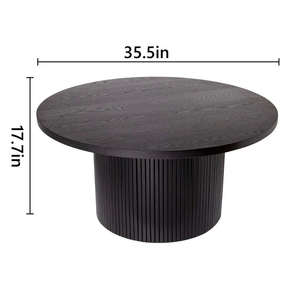 Luxo Nation Elegance: Round Coffee Table with Solid Wood Circle Pedestal, Finished in Black