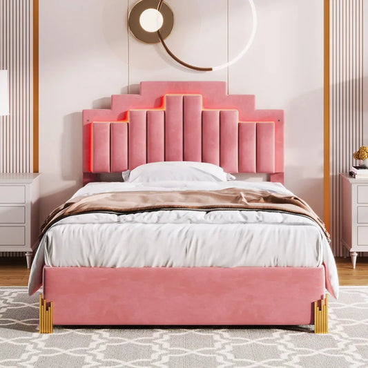 Luxo Nation Stylish Velvet Upholstered Platform Bed with Drawers in Pink