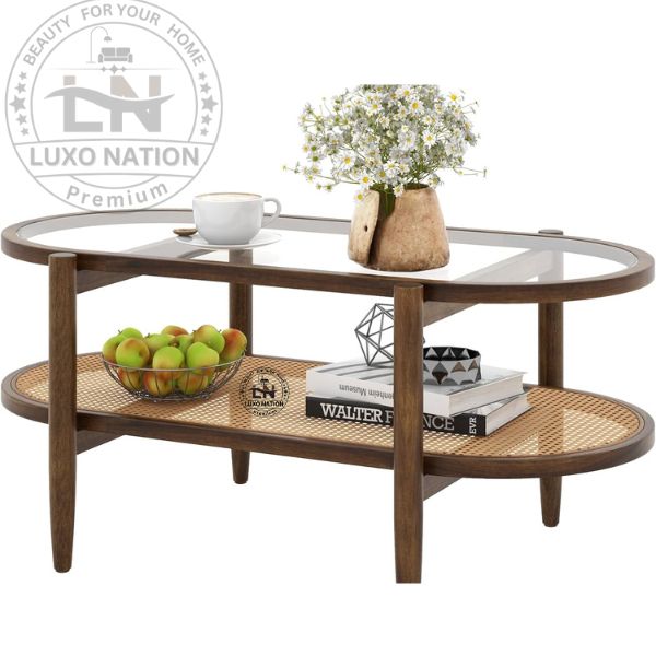 Antique Rattan Center Table – Glass Top & Teak Wood By Luxo Nation