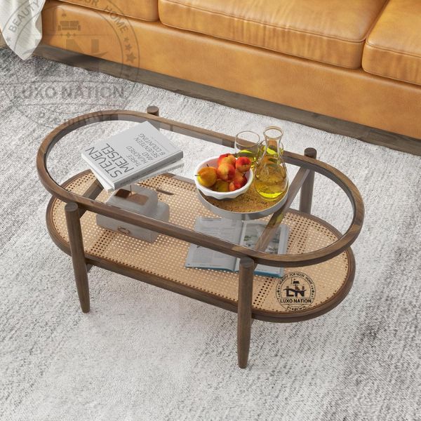 Antique Rattan Center Table – Glass Top & Teak Wood By Luxo Nation