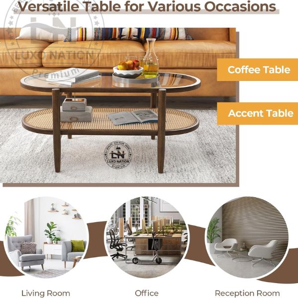 Antique Rattan Center Table – Glass Top & Teak Wood By Luxo Nation