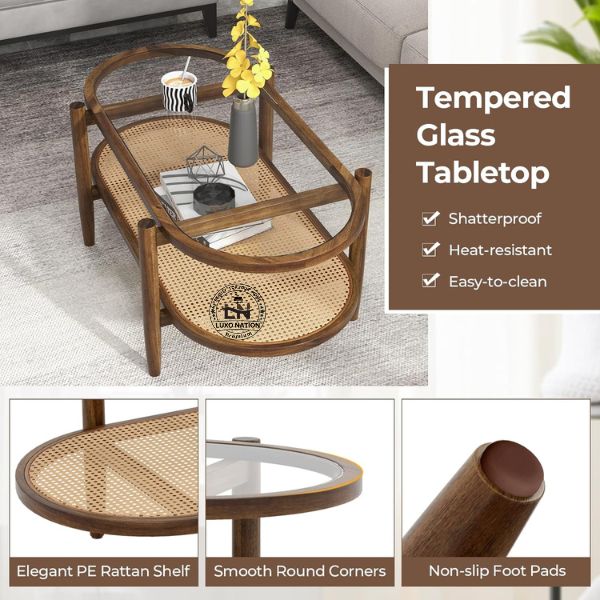 Antique Rattan Center Table – Glass Top & Teak Wood By Luxo Nation