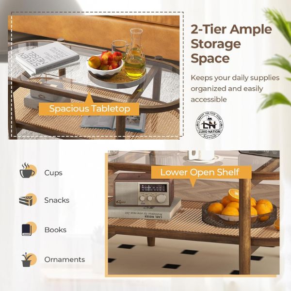 Antique Rattan Center Table – Glass Top & Teak Wood By Luxo Nation