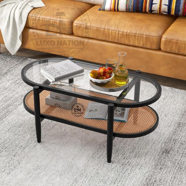 Antique Rattan Center Table – Glass Top & Teak Wood By Luxo Nation