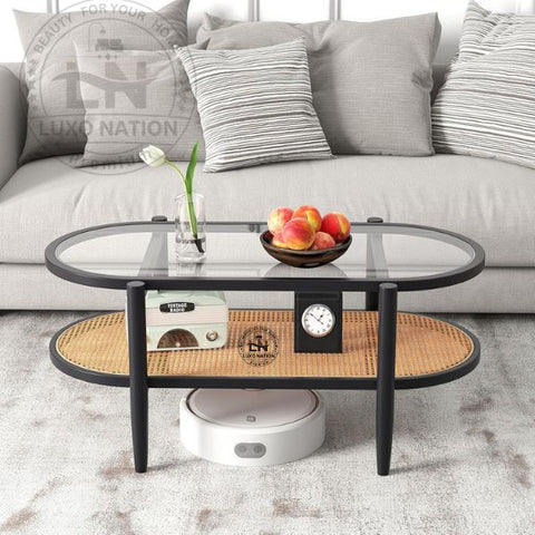 Antique Rattan Center Table – Glass Top & Teak Wood By Luxo Nation