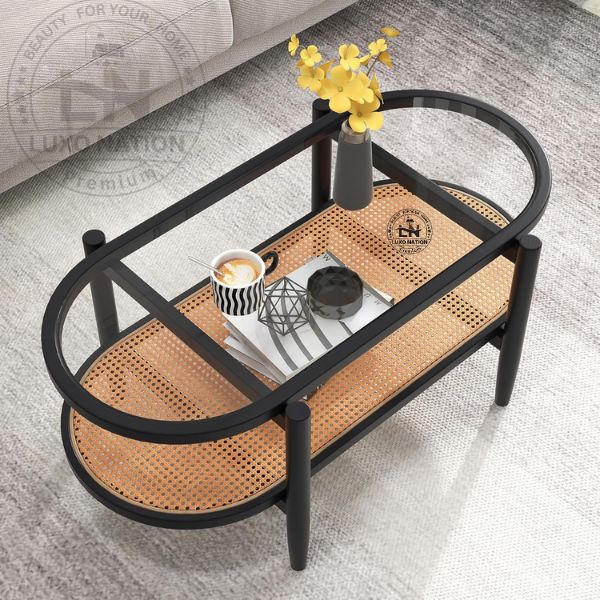 Antique Rattan Center Table – Glass Top & Teak Wood By Luxo Nation