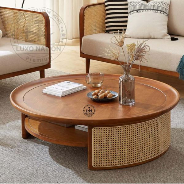 Classic Rattan Center Table –  Antique Wooden Heritage Living Piece