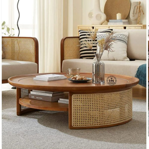 Classic Rattan Center Table –  Antique Wooden Heritage Living Piece