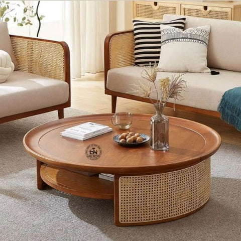 Classic Rattan Center Table –  Antique Wooden Heritage Living Piece