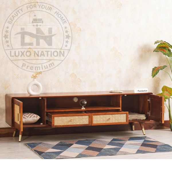 Boston Luxe Wood & Cane TV Unit with Twin Doors and Drawers