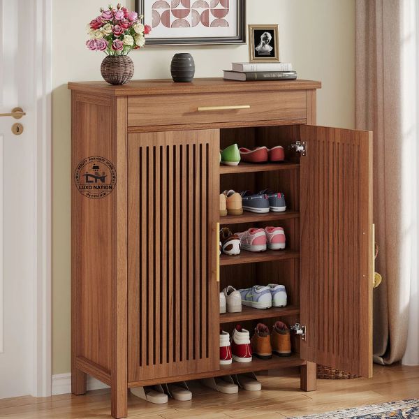 Elegant Wooden Shoe rack Cabinet – Louvered Doors with Drawer Storage