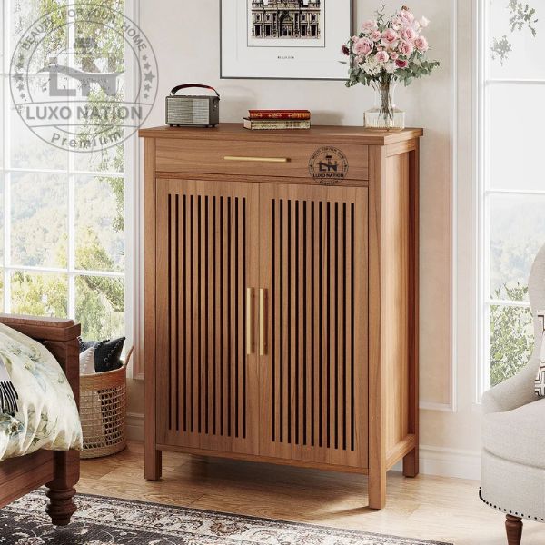 Elegant Wooden Shoe rack Cabinet – Louvered Doors with Drawer Storage
